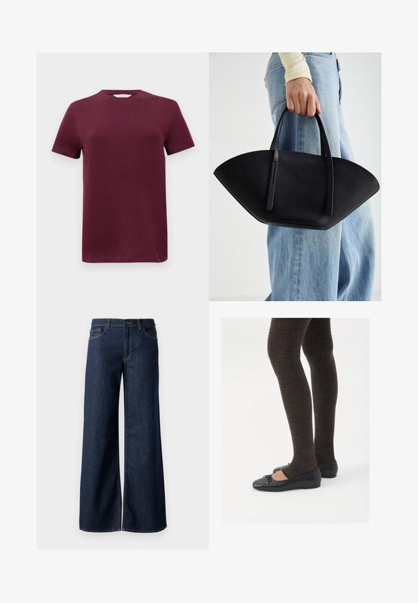 Bordeaux kortærmet T-shirt i glat bomuldsstof med rund hals og lige kant. Minimalistisk design uden mønstre eller dekorationer.; Bredde ben jeans i mørkeblå denim. Har kontrastsyninger, fem lommer og en knaplukning i taljen. Glat tekstur.; Sorte flade sko med en lille sløjfedetalje ved tåen, parret med mørkebrune ribbede strømpebukser. Skoene har en glat overflade og lav profil.; Sort læderhåndtaske med en unik vifteform, der har flade håndtag. Overfladen har en pebblelignende tekstur og et minimalistisk design.