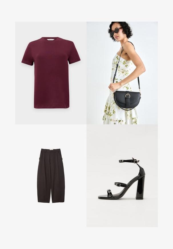 Kratký rukáv burgundské tričko z hladkej bavlny s okrúhlym výstrihom a rovnou spodnou časťou. Minimalistický dizajn, bez vzorov alebo akcentov.; Čierne široké nohavice vyrobené z hladkej tkaniny, s vysokým pásom, prednými skladmi a bočnými vreckami. Jednoduchý dizajn bez ozdôb.; Čierne lakované sandále na podpätku so štvorcovou špičkou, navlečenými remienkami okolo členku a striebornými prackami. Disponujú masívnym blokovým podpätkom pre stabilitu.; Čierna kožená kabelka s zaobleným tvarom, odnímateľným popruhom a zlatými doplnkami. Kabelka má klopu s detailom s prackou.