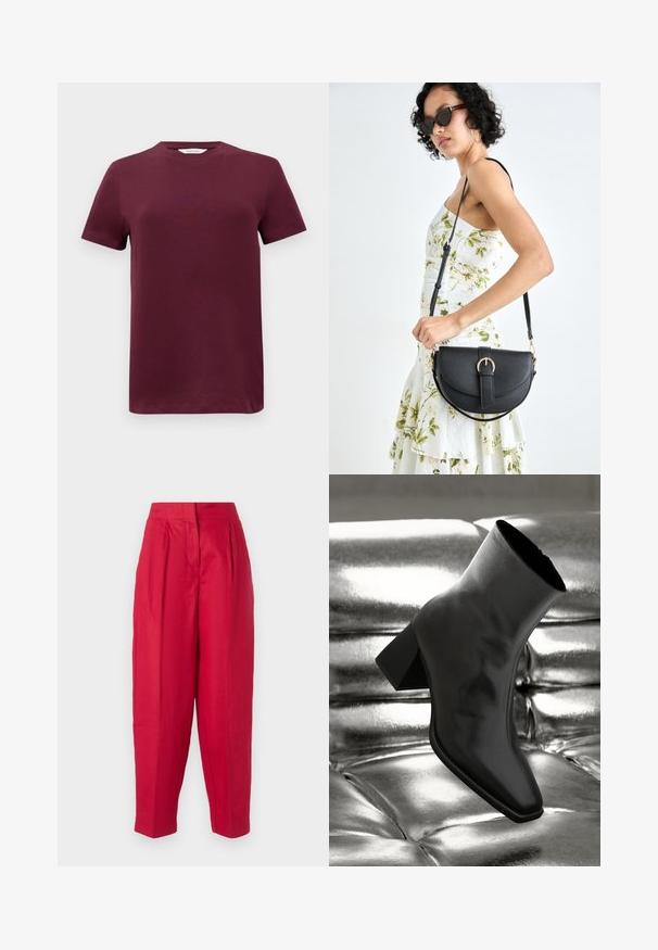 Bordeaux kortærmet T-shirt i glat bomuldsstof med rund hals og lige kant. Minimalistisk design uden mønstre eller dekorationer.; Røde linnedbukser med høj talje, plisseret front og tapered ben. Glat tekstur og minimalistisk design, ingen synlige metaldele eller mønstre.; Sorte ankelstøvler lavet af glossy materiale med firkantet tå og spidse hæle, sat mod en skinnende sølv tuftet baggrund.; Sort læderhåndtaske med en buet form, aftagelig rem og guldfinish. Tasken har en klap med en spænde detalje.