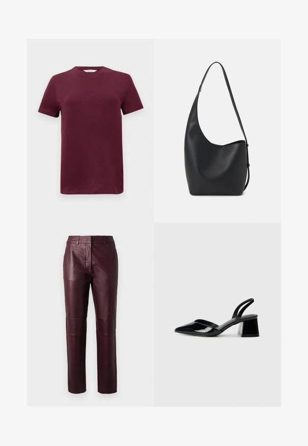 Bordeaux kortærmet T-shirt i glat bomuldsstof med rund hals og lige kant. Minimalistisk design uden mønstre eller dekorationer.; Burgundy læderbukser med en tætsiddende design, subtil glans og glat overflade. Har en mellemhøj talje og lige ben.; Sorte patentlæder slingback hæle med spids tå og en geometrisk blok hæl. Har et elegant, minimalistisk design og en glat tekstur.; Sort læder hobo taske med en glat overflade, buet form og en enkelt justerbar rem; har en bred åbning øverst.