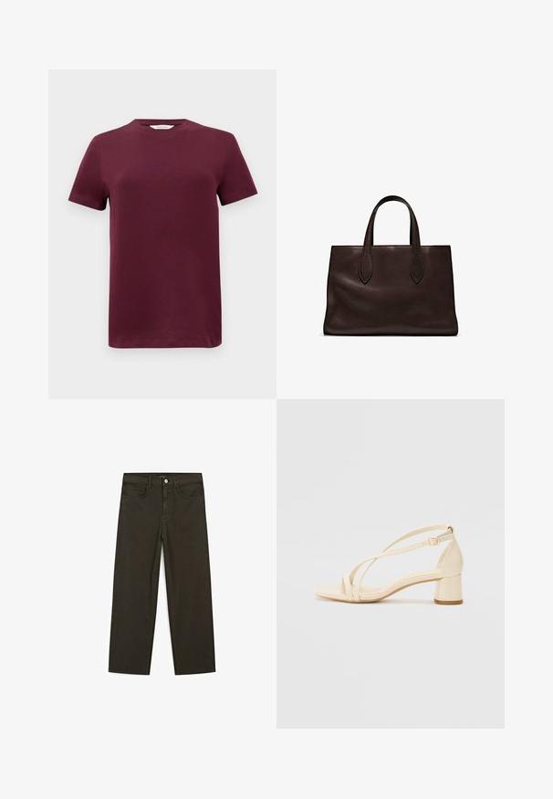 Burgunderfarbenes kurzärmliges T-Shirt aus glattem Baumwollstoff mit Rundhalsausschnitt und geradem Saum. Minimalistisches Design, ohne Muster oder Akzente.; Dunkelgrüne Jeans im weit geschnittenen Style, hergestellt aus einem Baumwollgemisch. Sie verfügen über einen Frontknopfverschluss, fünf Taschen und klassische Denim-Nähte.; Beige Sandalen mit Absatz, Blockabsatz, Riemchen-Design und verstellbarem Knöchelriemen, aus glattem synthetischem Material mit matter Oberfläche.; Braune Ledertasche mit zwei langen Griffen, strukturierte rechteckige Form, glatte Textur und dezente Nähdetails.