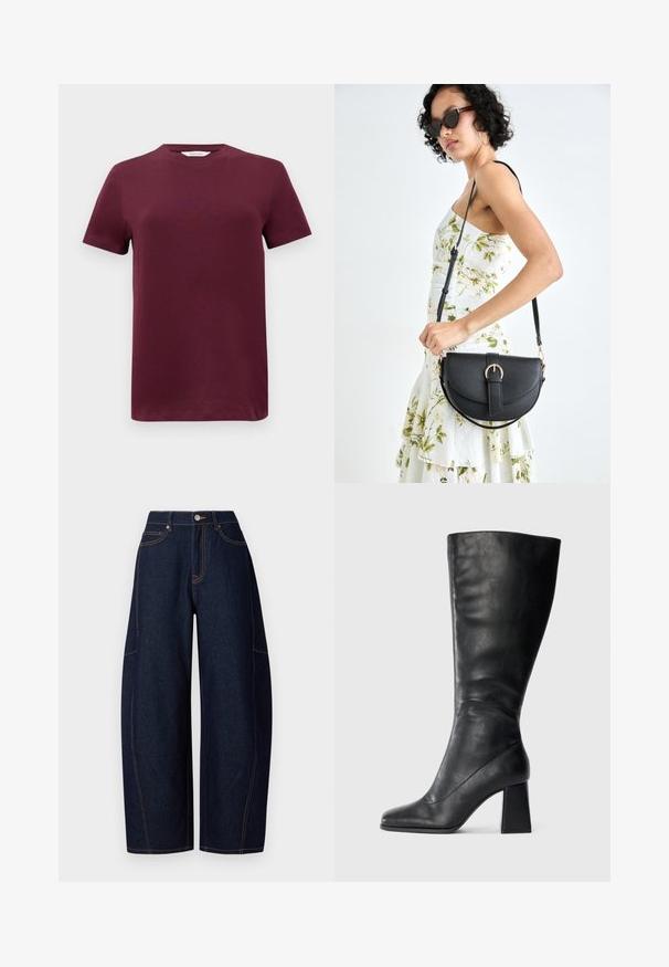 Bordo trumpa rankovė T-marškiniai iš lygaus medvilnės audinio su apvaliu iškirpimu ir tiesiu sijonu. Minimalistinis dizainas, be raštų ar akcentų.; Plačios šviesiai mėlynos džinsinės kelnės su kontrastuojančia oranžine siūle, penkiais kišenėmis ir mygtukų bei užtrauktuko uždarymu liemenyje.; Juoda odinė iki kelių ilgio batai su smailiu nosiu ir bloko kulnu prieš paprastą šviesų foną.; Juodas odinis krepšys su išlenkta forma, nuimamu dirželiu ir auksiniais detalėmis. Krepšys turi kilpą su sagtimi.