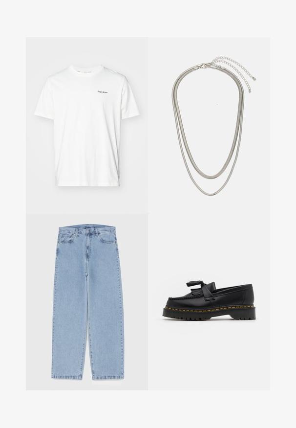 Vit bomull t-shirt med rund halsringning och korta ärmar. Litet svart "Pepe Jeans"-logotyp på övre vänstra bröstet.; Ljusblå denimjeans med rak bendesign, midjehög midja, fem fickor samt knapp- och dragkedjestängning.; Svart läderloafer med en tofsdetalj, med en kraftig svart sula och gul söm längs kanten. Strukturerad yta.; Tre-lager silvermetallhalsband med eleganta, flexibla kedjor med en svag glans, säkrad med ett kräftklämma och justerbar kedja.