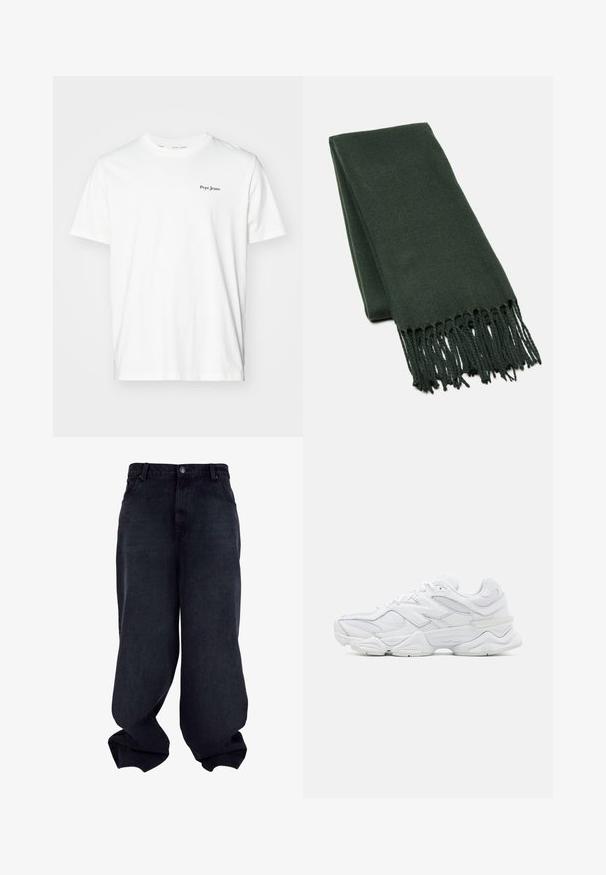 Bela bomba majica iz bombaža z okroglim ovratnikom in kratkimi rokavi. Majhen črni logotip "Pepe Jeans" na zgornjem levem prsnem delu.; Črne široke jeans hlače z gladko teksturo, petimi žepi in gumbom za zapiranje. Imajo sproščen kroj in zožen rob.; Bele športne tenisice z zgornjim delom iz mrežaste in usnjene tkanine, okrožnim prstom, plastno zasnovo in oblazinjenim podplatom za udobje.; Temno zelena šal iz mehkega materiala, s čistim dizajnom in resicami na robovih za dodatno teksturo.