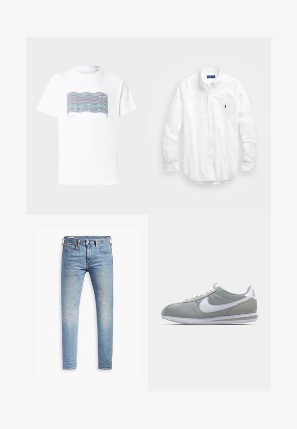 Biała bawełniana koszulka z krótkim rękawem, z okrągłym dekoltem, z wielokolorowym wzorem fal oraz napisem "MIAMI" i "20-97" nadrukowanym z przodu.; Biała, bawełniana koszula z długim rękawem zapinana na guziki. Posiada klasyczny kołnierzyk, mankiety zapinane na guziki oraz małe, granatowe, haftowane logo na klatce piersiowej.; Jasnoniebieskie, dopasowane dżinsy z lekkim przetarciem na udach, z zapięciem na guziki z przodu, pętelkami na pasek oraz pięcioma kieszeniami, na białym tle.; Szare buty sportowe z cholewką z zamszu i tekstyliów, białym logo Nike i białymi sznurówkami. Posiadają teksturowaną gumową podeszwę i wyściełany kołnierz.