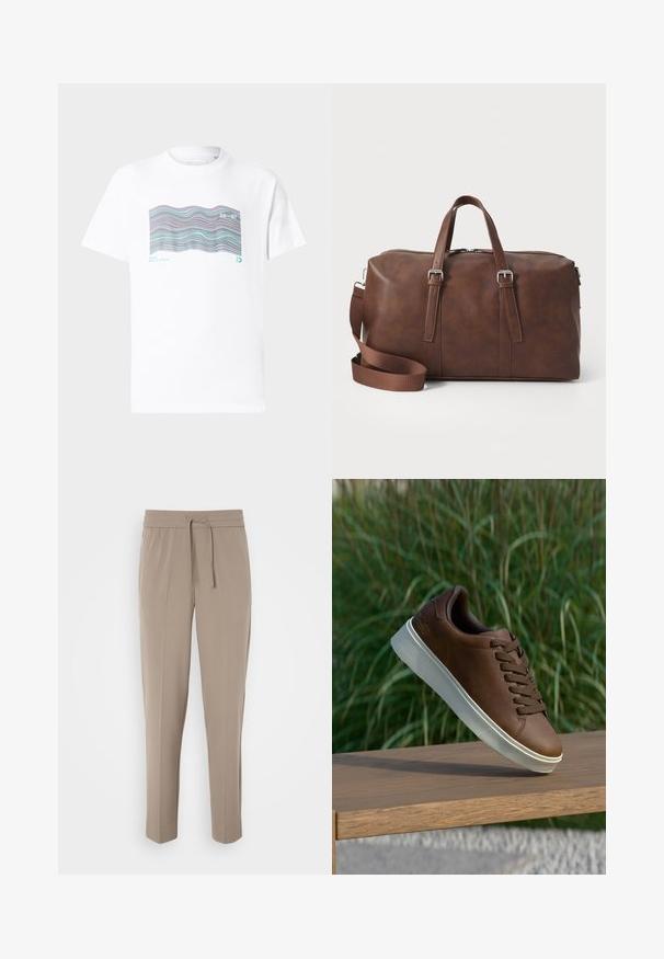 Balta medvilnė marškinėliai su daugiaspalve bangų raštu ir užrašu "MIAMI" bei "20-97" atspaustu priekyje. Trumpi rankoviai, apvalus kaklas.; Šviesiai beigės kelnės su elastiniu juosmeniu, reguliuojama raišteliu ir siaurėjantys kojomis. Audinys atrodo lygus su švelniu blizgesiu.; Rudos odinės sportinės bateliai su balta guma padais, suapvalinta nosimi ir rudomis raišteliais. Tekstūruota atrama ant padais ir lygus paviršius viršuje.; Ruda odinė sportinė kuprinė su viršutinėmis rankenomis, nuimamu diržu, užtrauktuko uždarymu ir lygiu paviršiumi. Minimalistinis dizainas be matomų logotipų.