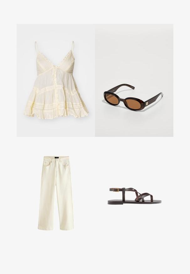 Svetložltý bezrukávový top s výstrihom do V, nastaviteľnými ramienkami, predným zapínaním na gombíky, vlnitým lemom a čipkovými detailmi. Textúrovaná tkanina.; Široké nohavice v svetlo béžovom denime, so zapínaním na gombík, piatimi vreckami a hladkou textúrou. Jednoduchý a moderný dizajn.; Hnedé kožené sandály s krížovými popruhmi, uzatváraním na pracku okolo členku a plochou podrážkou s minimálnymi ševmi.; Hnedé korytnačie slnečné okuliare s oválnymi šošovkami, ktoré majú tenký rám a malý kovový akcent na strane. Textúrovaný a lesklý povrch.; Béžová kožená kabelka s unikátnym tvarom, vybavená dvoma krátkymi uchami a jedným dlhým nastaviteľným popruhom. Hladký povrch s minimálnym kovovým príslušenstvom.