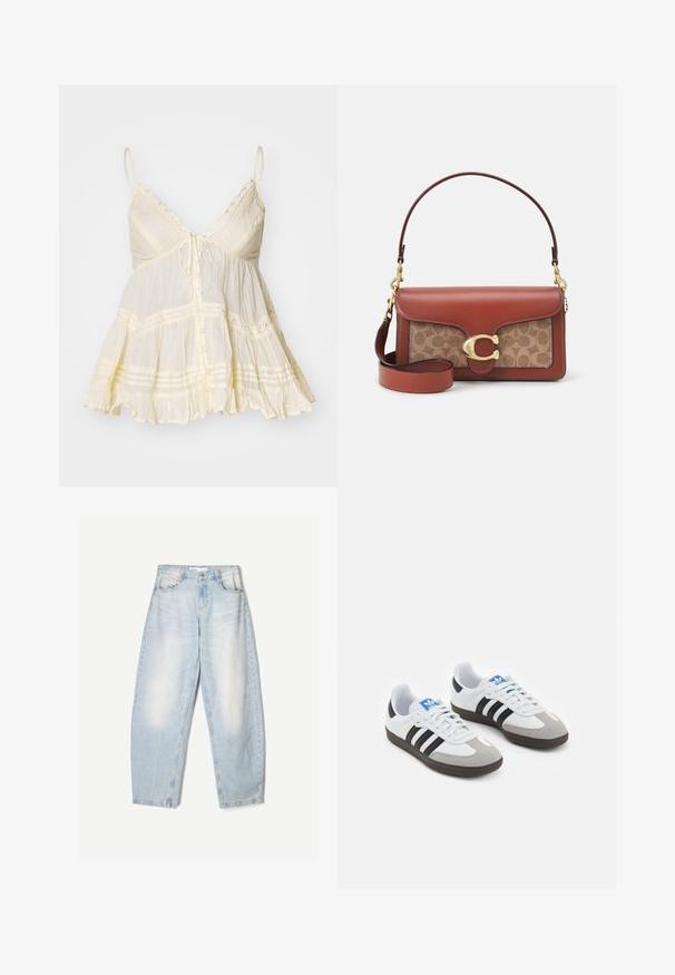 Light yellow sleeveless blouse with a V-neck, adjustable straps, front button closure, scalloped trim, and lace accents. Textured fabric.; Light blue denim jeans with a loose fit, featuring a faded finish, two front pockets, and a button closure at the waistband.; Sport shoes with a white leather upper, gray suede toe, and three black stripes. Features a blue logo on the tongue and a textured rubber sole.; Leather handbag with brown finish, featuring a tan patterned fabric panel, gold hardware clasp, and adjustable shoulder strap.