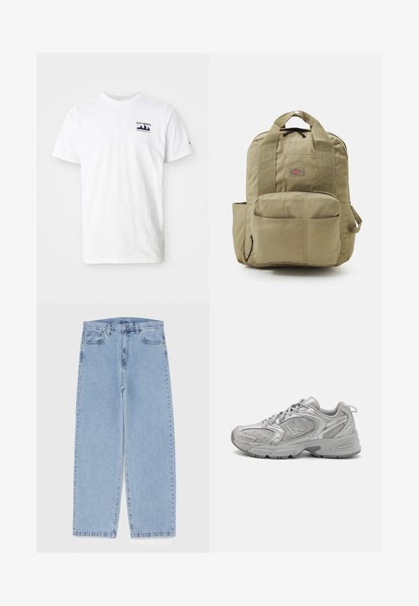 Fehér pamut póló rövid ujjakkal. Bal mellrészen egy sötétkék logóval rendelkezik. Egyszerű, kerek nyakú dizájn, sima textúrával.; Világoskék farmernadrág egyenes szárú kivitelben, közepes derékkal, öt zsebbel, gombos és cipzáros záródással.; Ezüst sportcipő, amely sima dizájnú, hálós panelekből áll, párnázott nyelve van, texturált szintetikus felsőrésze van, és gumitalpa biztosítja a tapadást.; Khaki színű hátizsák párnázott pántokkal, elülső zsebbel és kerek logóval. Tartós anyagból készült, tetején fogantyúval és oldalzsebbel rendelkezik.