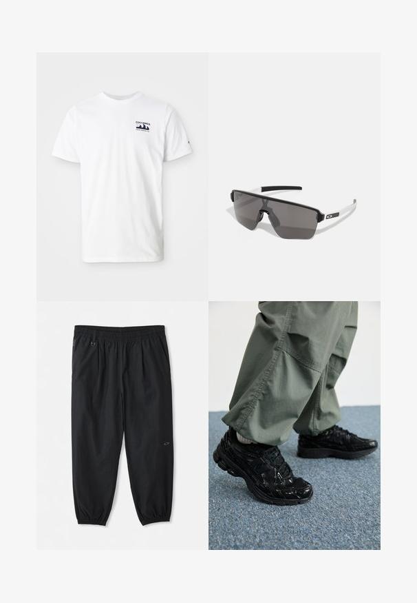 Bijela pamučna majica s kratkim rukavima. Ima mornarsko plavi logo na lijevoj strani prsnog koša. Jednostavni dizajn s okruglim izrezom, glatka tekstura.; Crne ležerne hlače s elastičnim strukom, bočnim džepovima, elastičnim manžetama oko gležnja i malim logom na desnom butu.; Crni atletski tenisice s sjajnim i mrežastim teksturama, s debelim đonom i vezicama, u kombinaciji s opuštenim cargo hlačama u maslinastoj boji.; Crne i sive sunčane naočale s velikim, anguliranim dizajnom. Imaju matirani završetak i bijele naglaske na krakovima. Tamno obojeni leće.