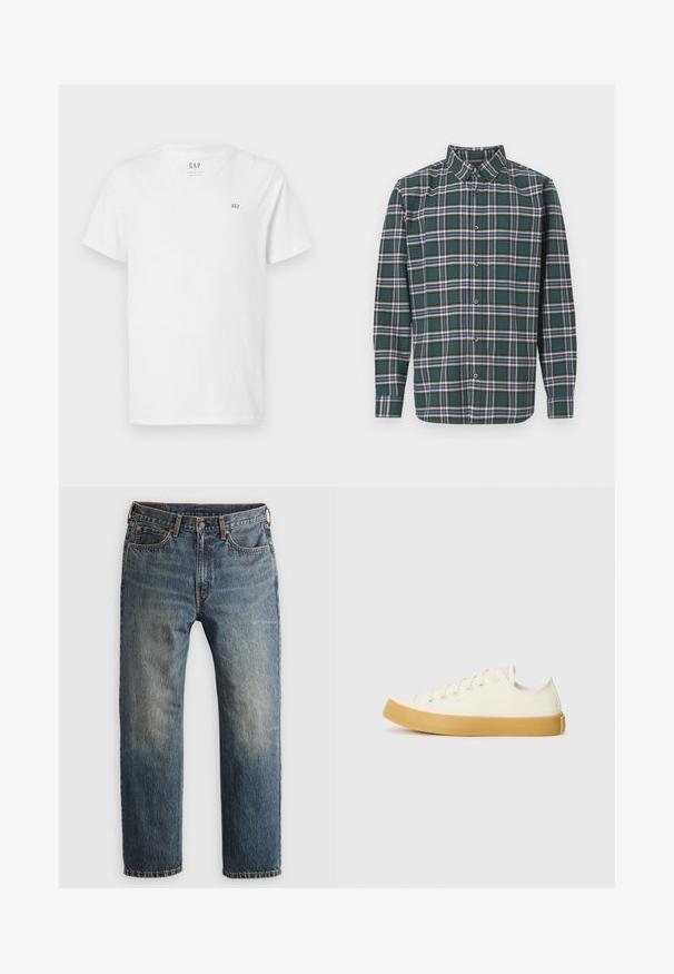 Biała bawełniana koszulka z dekoltem w serek, krótkimi rękawami i małym haftowanym logo na górnej lewej stronie klatki piersiowej. Gładka faktura.; Zielona flanelowa koszula w kratę z niebieskimi, białymi i musztardowymi liniami. Zapięcie na guziki z przodu i spiczasty kołnierzyk. Długie rękawy.; Niebieskie, wyblakłe dżinsy o prostym kroju z kieszeniami z przodu, szlufkami na pasek, zapięciem na guzik i suwak na jasnym tle.; Płócienne sneakersy w odcieniu ecru z okrągłym noskiem, charakteryzujące się beżowymi gumowymi podeszwami i pięcioma otworami na sznurówki, z teksturowanym wykończeniem cholewy.