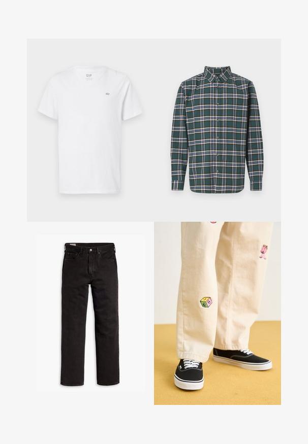 T-shirt bianco in cotone con scollatura a V, maniche corte e un piccolo logo ricamato sulla parte superiore sinistra del petto. Texture liscia.; Camicia di flanella verde con un motivo a quadri che presenta righe blu, bianche e giallo senape. Chiusura con bottoni e colletto punta. Maniche lunghe.; Jeans in denim neri a gamba dritta con cinque tasche, chiusura a bottone e passanti per cintura, adagiati su uno sfondo bianco.; Pantaloni di cotone beige con divertenti ricami che includono un personaggio rosa e un blocco colorato, abbinati a sneaker nere con lacci.