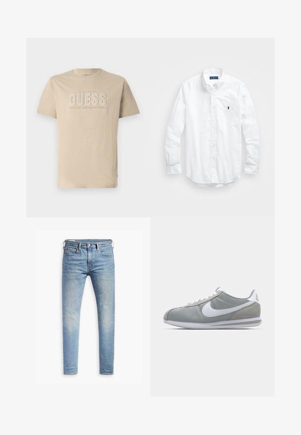 Beige Baumwoll-T-Shirt mit Rundhalsausschnitt, ausgestattet mit einem geprägten "GUESS"-Logo und dem Text "CLASSIC AMERICAN STYLE" in hellerer Farbe. Kurze Ärmeln.; Weißes Langarm-Hemd aus Baumwolle mit Knopfleiste. Es zeichnet sich durch einen klassischen Kragen, Knopfmanschetten und ein kleines, navyblaues gesticktes Logo auf der Brust aus.; Hellblaue Slim-Fit-Jeans mit leichtem Verblassen an den Oberschenkeln, vorderem Knopfverschluss, Gürtelschlaufen und Fünf-Taschen-Stil auf einem weißen Hintergrund.; Graue Sportausstattung mit einem Obermaterial aus Wildleder und Textil, weißem Nike-Swoosh und weißen Schnürsenkeln. Verfügt über eine strukturierte Gummisohle und einen gepolsterten Kragen.