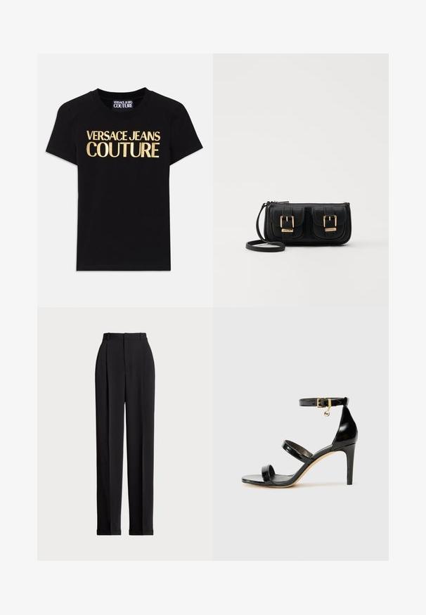 Melnā kokvilnas T-kreklā ir redzams "VERSACE JEANS COUTURE" liela zelta burtiem uz priekšpuses, īsās piedurknes un apaļa kakla izgriezums.; Melnas piegriezuma bikses ar augstu jostasvietu, priekšā ar krokām, taisna kāju dizains un ar aprocēm. Izgatavotas no gludas auduma.; Melnas lakota ādas sandalēs ar trim siksnām, potītes sprādzi un 4 collu stiletto papēdi. Iespējas ar zelta detaļām un logotipa piekariņu.; Melnas ādas crossbody soma ar divām priekšējām kabatām, zelta sprādzēm, ar rāvējslēdzēju aizdari un šauru siksnu. Strukturēta virsma un kompakta taisnstūra forma.