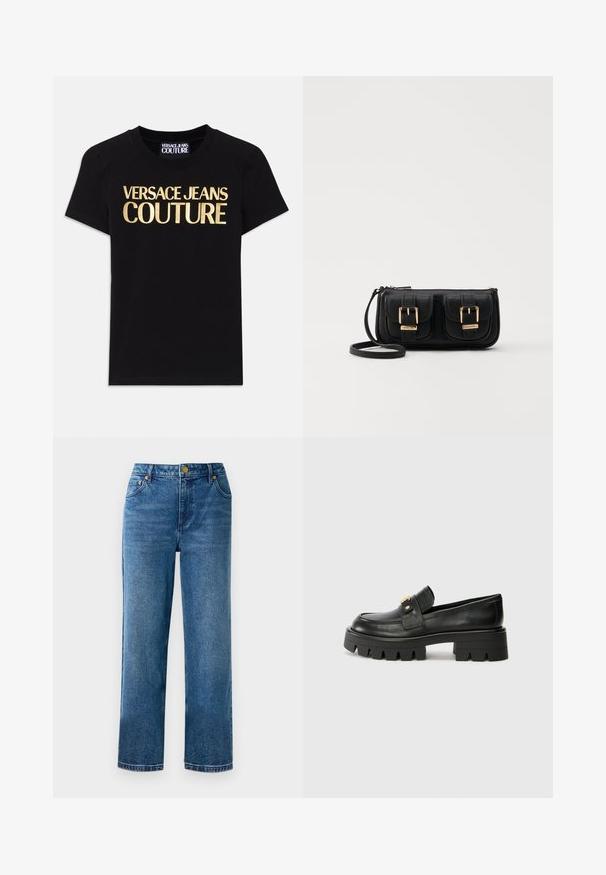 Svart bomull t-skjorte med "VERSACE JEANS COUTURE" i store gullbokstaver på forsiden, kort ermer og rund hals.; Blå høyderte bukser med rett benkutt, laget av denim, med fem lommer og detaljer i gullfarget metall.; Sorte skinnloafers med en kraftig såle, med en gulltoneakcent foran og en jevn finish. Kraftig mønsterdesign på sålen.; Svart skinn crossbody veske med to frontlommer, gyldne spenner, glidelåslukking og en slank stropp. Teksturert overflate og kompakt rektangulær form.