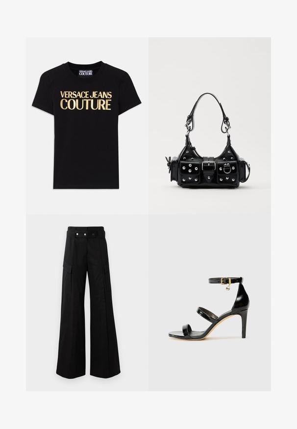 Juodas medvilninis marškinėliai su dideliais auksiniais užrašais "VERSACE JEANS COUTURE" priekyje, trumpomis rankovėmis ir apvaliu kaklu.; Juodos platėjančios kelnės su aukštu juosmeniu, turinčios dideles šonines kišenes, dvi priekinės mygtukus ir kilpelės detalę. Pagamintos iš tvirto audinio.; Juodas patentuotas odinis sandalai su trimis diržais, kulkšnies sagtimi ir 4 colių stiletto kulnu. Yra aukso detalės ir logotipo žavesys.; Juodas odinis rankinukas su kreiviu dizainu, su sidabro spalvos knopkėmis, užsegimu ir dviem šoninėmis kišenėmis. Reguliuojama dirželis nešimui.