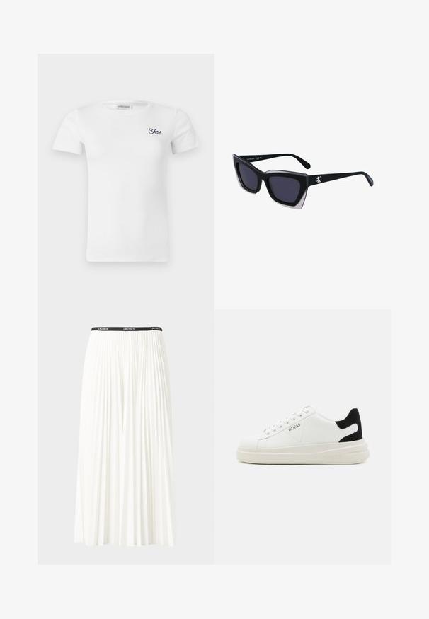 Balts kokvilnas T-krekls ar īsām piedurknēm un ribotu tekstūru. Uz kreisā krūšu zona ir neliela, tumši zila "Guess" logo.; Gari plānas baltas svārku ar melnu elastīgu jostu, uz kuras redzams "LACOSTE" logo. Vidēja garuma dizains ar mīkstu tekstūru.; Baltas ādas sporta apavi ar biezu balto zoli, melna zamša uzpura un izspiestais logotips sānos. Šņorējuma dizains ar sešiem acu caurumiem.; Melni pārmēru saulesbrilles ar ģeometrisku formu, kas aprīkotas ar tumšiem stikliem un kontrastējošu pelēku akcentu uz rāmja. Logo uz kājas.