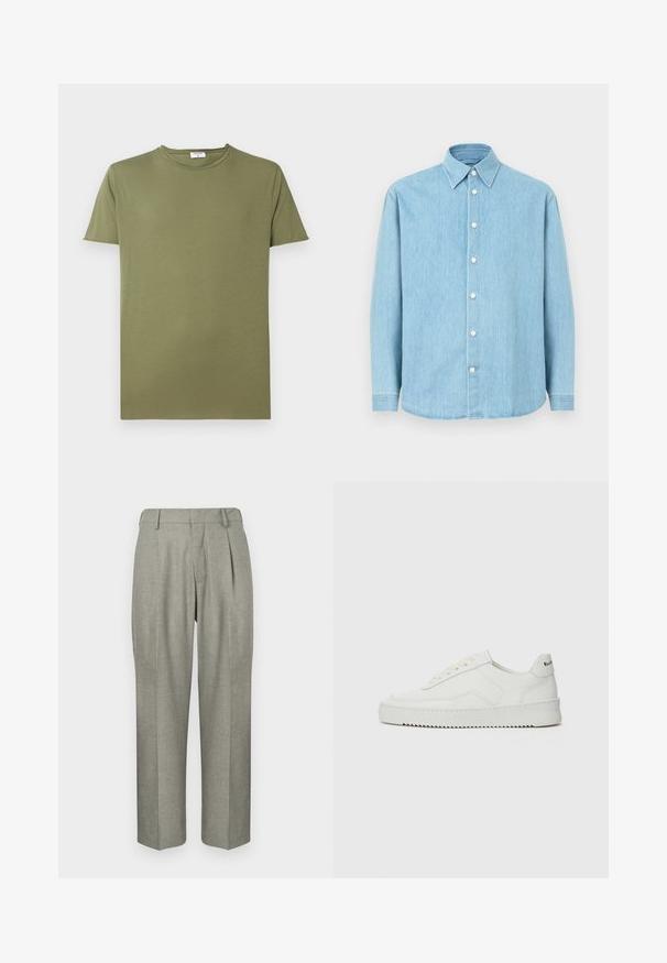 Olivno zelena majica iz mehkega bombaža, z klasičnim krojem in kratkimi rokavi. Tkanina ima gladko, enakomerno teksturo.; Svetloplavi traper s dugim rukavima košulja s dugim rukavima i uskim ovratnikom, s bijelim gumbima, prikazana na jednobojnoj pozadini.; Svetlo sivi hlače iz teksturirane tkanine. Imajo ravno nogavico, platnice spredaj in ravno pas.; Bela usnjena športna obutev z gladko površino, okroglo prst, ravne vezalke in teksturiran podplat. Ima diskretno logo na peti.