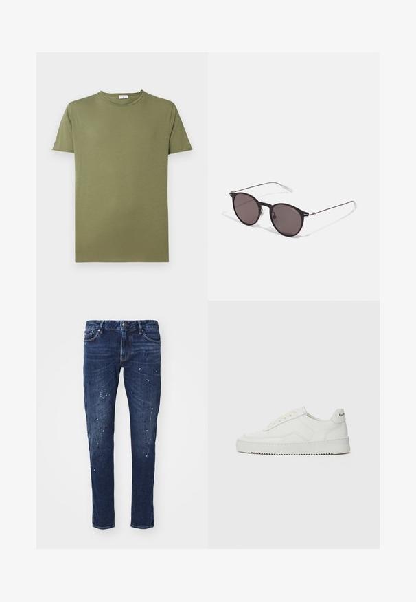Olivzaļš T-krekls, izgatavots no mīkstas kokvilnas, ar klasisku apaļu kakla izgriezumu un īsām piedurknēm. Audumam ir gluda, vienmērīga tekstūra.; Tumši zilo denima džinsi ar šauru piegriezumu, kas rotāti ar krāsas traipiem, redzamām šuvēm un standarta piecu kabatu dizainu. Taisnas kājas piegriezums.; Baltas ādas sneakers ar gludu virsmu, apaļu pirkstu daļu, plakaniem šņorēm un teksturētu zoli. Satur diskrētu logotipu uz papēža.; Melni apaļi saulesbrilles ar tumšiem lēca un plānām metāla stangām. Iekļautas caurspīdīgas tempļu galviņas un sudraba akcenti pie eņģes. Minimalistisks dizains.