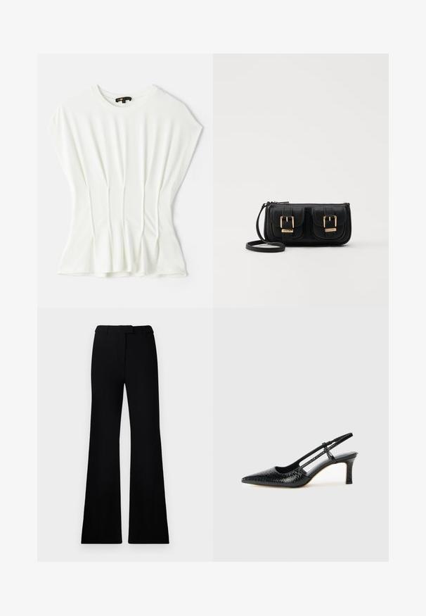 White short-sleeve top with a relaxed fit, featuring soft fabric, pleated detailing on the front, and a round neckline.; Black flared pants featuring a smooth texture, tailored waistband, and front pockets, designed with a sleek, modern silhouette.; Black patent slingback heel with a pointed toe, featuring textured snake print, adjustable strap, and a short, textured block heel.; Black leather crossbody bag with two front pockets, gold buckles, zipper closure, and a slim strap. Textured surface and compact rectangular shape.