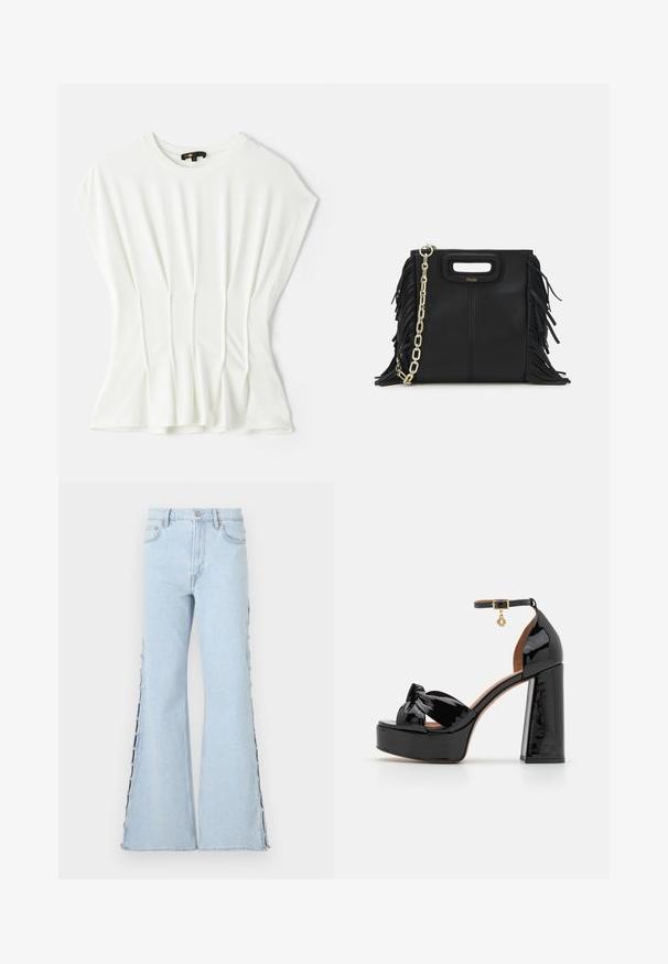 Valkoinen lyhythihainen paita rentoa istuvuutta, pehmeästä kankaasta, edessä laskostetut yksityiskohdat ja pyöreä kaula-aukko.; Vaaleansiniset leveälahkeiset farkut, joissa on korkea vyötärö, napitus sivusaumojen varrella ja pehmeä farkkukangas.; Maje Korolliset sandaalit - noir; Musta nahkakäekott, millel on frantsiisidetailid, kuldne õlgade rihm ja lõikega käepide. Ees on logo paigutus.