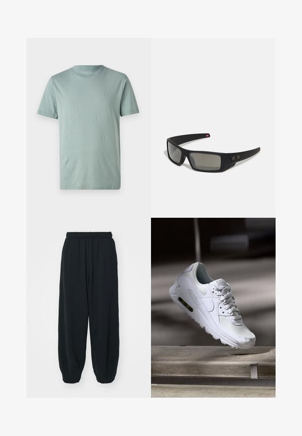 Light green short-sleeve t-shirt made of soft fabric, featuring a round neckline and a small logo on the chest. Smooth texture, minimal design.; Black, elasticated-waist sweatpants with a loose fit, cuffed ankles, smooth texture, and no visible patterns or hardware accents.; White Nike Air Max 90 sneaker featuring a mesh and leather upper, perforated toe box, and a visible air unit in the heel.; Black sunglasses with a matte finish, rectangular lenses, slight curve on temples, subtle logo detail, and smoke-tinted lenses.