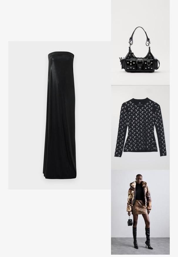 Long-sleeve black top featuring a repeating silver crescent moon pattern, made of soft fabric, with a round neckline and a fitted design.; Black strapless maxi dress made of smooth, shiny fabric. Features a fitted bodice and flowing silhouette, reaching the floor without embellishments.; Puffer jacket with a brown and black pattern, paired with a brown snake print mini skirt, black knee-high boots, and a small black bag.; Black leather handbag with a curved design, featuring silver studs, a buckle, and two side pockets. Adjustable strap for carrying options.