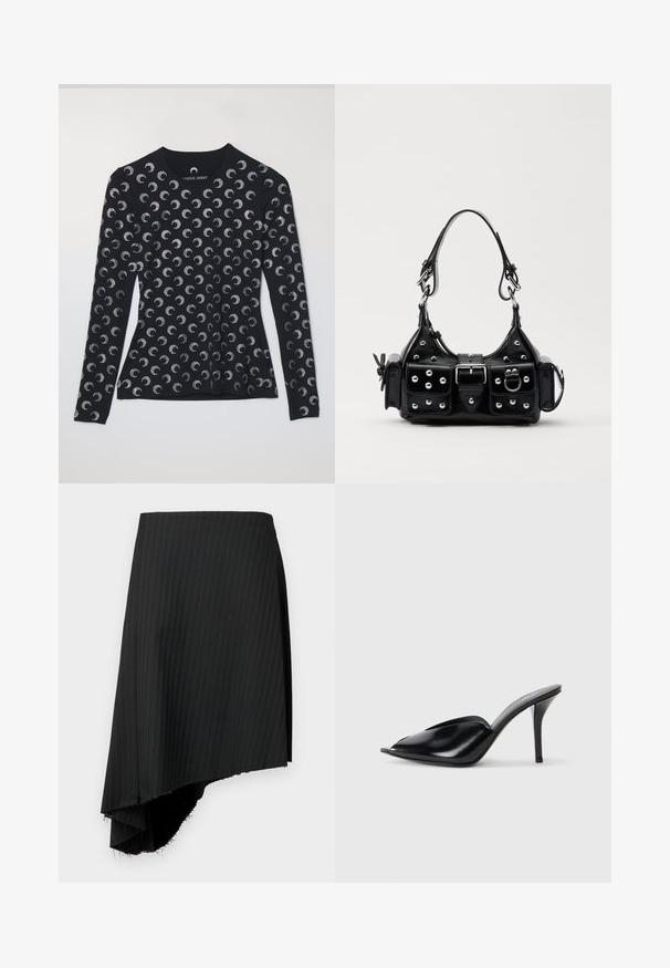 Long-sleeve black top featuring a repeating silver crescent moon pattern, made of soft fabric, with a round neckline and a fitted design.; Black pinstriped skirt with an asymmetrical hemline, featuring raw edges. Made of lightweight fabric with a smooth texture.; Black leather high-heeled mules with an open toe, pointed design, smooth texture, and a slim stiletto heel.; Black leather handbag with a curved design, featuring silver studs, a buckle, and two side pockets. Adjustable strap for carrying options.
