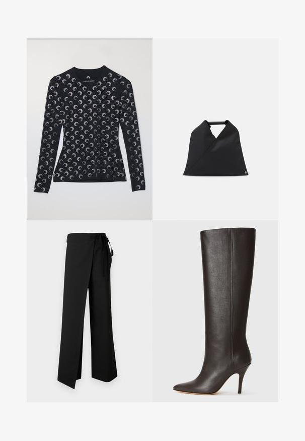 Long-sleeve black top featuring a repeating silver crescent moon pattern, made of soft fabric, with a round neckline and a fitted design.; Black wide-leg pants with a tie waist, featuring a smooth texture and a front slit, designed for comfort and ease of movement.; Black knee-high leather boot with a pointed toe, sleek design, and a thin high heel. Smooth texture and minimal detailing.; Black leather bag featuring an asymmetrical design with a textured surface. It has a simple handle and a subtle logo accent.