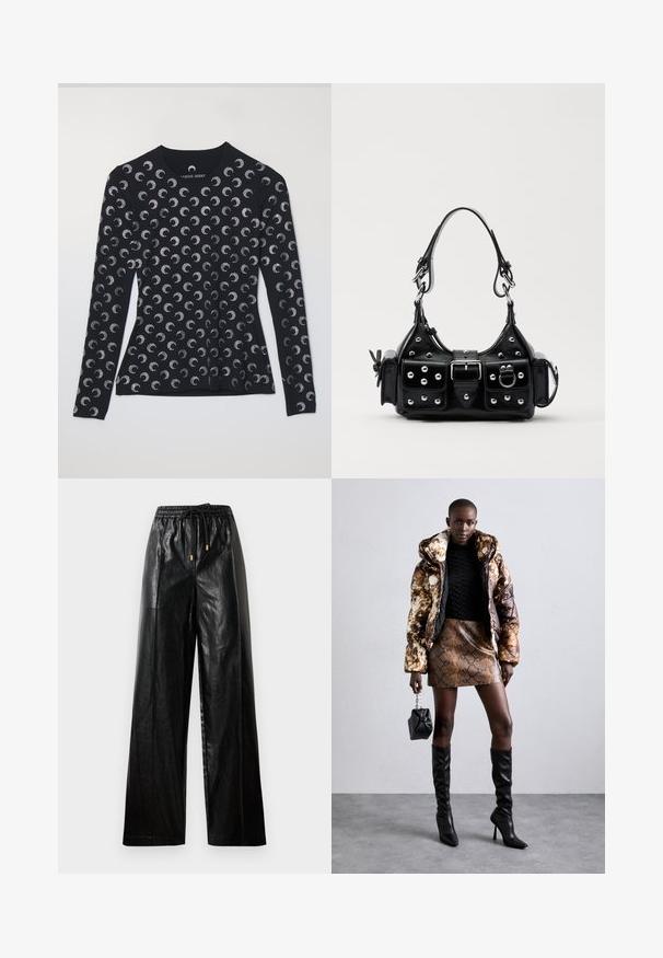Long-sleeve black top featuring a repeating silver crescent moon pattern, made of soft fabric, with a round neckline and a fitted design.; Black leather wide-leg pants with an elastic waistband, drawstring, and gold hardware accents. Smooth texture and loose fit.; Puffer jacket with a brown and black pattern, paired with a brown snake print mini skirt, black knee-high boots, and a small black bag.; Black leather handbag with a curved design, featuring silver studs, a buckle, and two side pockets. Adjustable strap for carrying options.