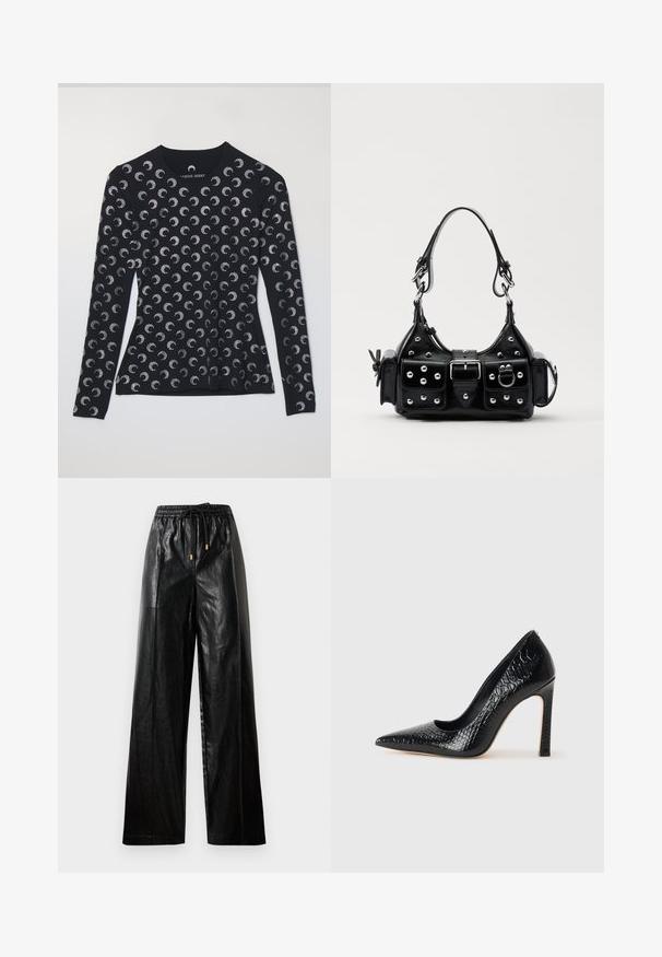 Dolga črna majica z dolgimi rokavi, ki vsebuje ponavljajoč se srebrn luneč vzorec, izdelana iz mehkega blaga, z okroglo ovratnikom in prilegačim dizajnom.; Črne usnjene široke hlače z elastičnim pasom, vrvico in zlatimi okrasnimi elementi. Gladka textura in sproščen kroj.; Črne čevlje z visoko peto in konico v obliki puščice, z teksturo krokodilje kože, ki se ponašajo s sleek oblikovanjem, visokim stiletto peto in gladkim črnim notranjostjo.; Črna usnjena torbica s ukrivljenim dizajnom, ki vsebuje srebrne žebljičke, zaponko in dve stranski žepki. Nastavljiv trak za različne možnosti nošenja.