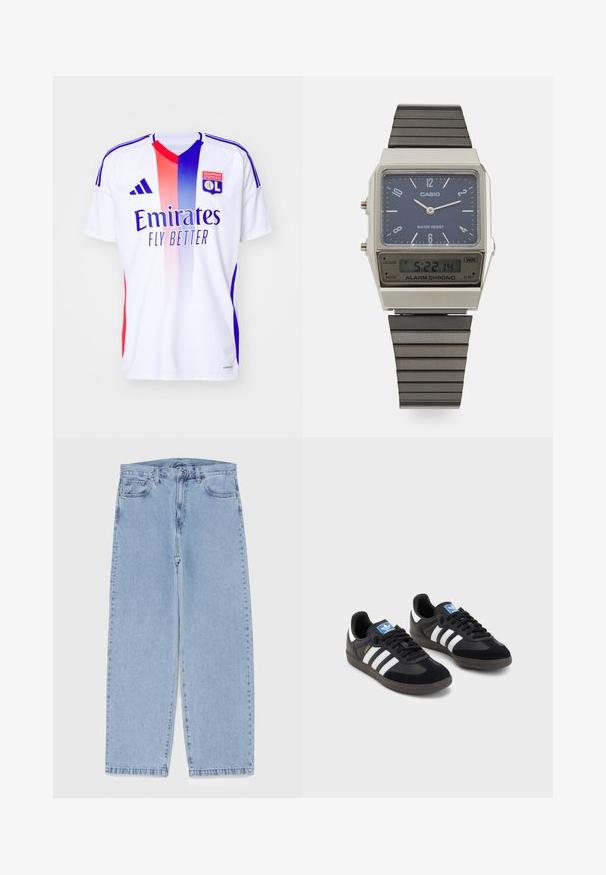 White athletic jersey with gradient red and blue stripes, featuring "Emirates" logo and "OL" emblem, made from smooth, lightweight material.; Light blue denim jeans with straight leg design, featuring a mid-rise waist, five pockets, and a button and zipper closure.; Black sneakers with a suede and synthetic upper, featuring three white stripes, textured rubber sole, and blue logo tag on the tongue.; Casio digital watch with a blue dial, silver case, and layered black rubber strap. Displays time and alarm settings. Water resistant.