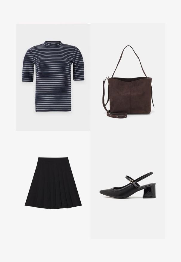 Tumed sinine lühikeste varrukatega T-särk horisontaalsete valgete triipudega, kõrge kaelusega ja sileda, keha lähedalt istuva tekstuuriga.; Must mustriga seelik, millel on tekstureeritud kangas ja kitsas vöökoht. Ulatuv põlveni, omadab sujuvat ja lõputut siluetti.; Mustad läikivad nahast slingback-kõrged kontsad, millel on terav nina, ümar lõikekujundus ja blokknina. Omab kuldset nupu aktsenti.; Pruun nubukist kott pehme tekstuuriga, millel on üks õlavarre rihm ja peene kumer ülemine ava. Nähtavaid metallosi pole.