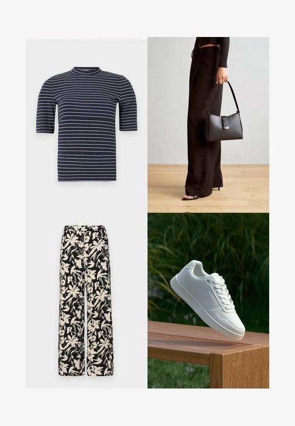 Mørkeblå t-skjorte med korte ermer og horisontale hvite striper, med høy hals og en glatt, figursydd tekstur.; Sorte vide bukser med et cremet blomster mønster. Fremstillet af letvægtsstof, med en glat tekstur og en høj talje.; Hvite sneakers med en glatt syntetisk overdel, perforert tåboks, flate snørebånd og en teksturert såle, vist på en treflate.; Svart håndveske med strukturert form, jevn tekstur og metallisk lås. Kombinert med brede svarte bukser og sandaler med åpen tå på tregulv.