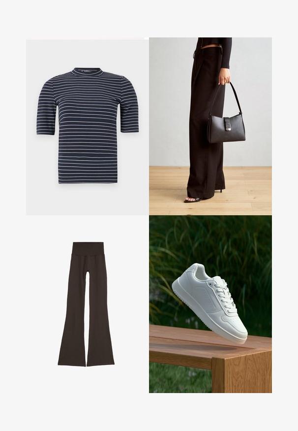 Námorně modré tričko s krátkým rukávem a horizontálními bílými pruhy, s vysokým výstřihem a hladkou, přiléhavou texturou.; Tmavě hnědé zvonové legíny s širokým žebrovaným pasem. Vyrobené z měkkého, elastického materiálu, s bezešvým designem a bez viditelného kovového příslušenství.; Bílé tenisky s hladkým syntetickým svrškem, perforovanou špičkou, plochými tkaničkami a texturovanou podrážkou, vystavené na dřevěném povrchu.; Černá kabelka se strukturovaným tvarem, hladkým povrchem a kovovým uzávěrem. Kombinována s širokými černými kalhotami a sandály s otevřenou špičkou na dřevěné podlaze.