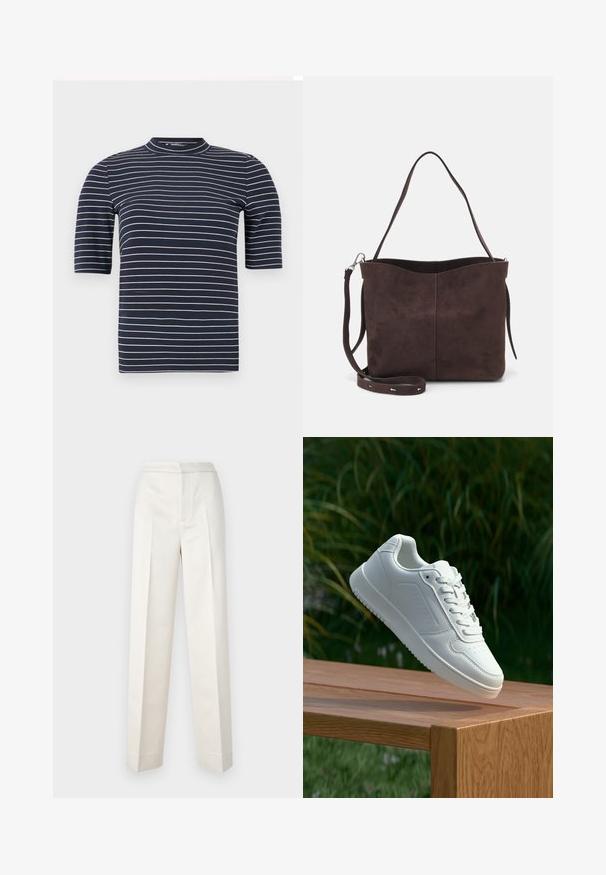 T-shirt azul marinho de mangas curtas com riscas brancas horizontais, apresentando uma gola alta e uma textura suave e ajustada.; Calças creme com um corte ajustado, apresentando perna reta, tecido suave, pregas frontais e barra limpa. Design minimalista.; Sapatilha branca com um cabedal sintético liso, caixa dos dedos perfurada, atacadores planos e uma sola texturizada, exposta sobre uma superfície de madeira.; Saco tote em camurça castanha com uma textura suave, apresentando uma única alça de ombro e uma abertura superior levemente curvada. Sem detalhes de hardware visíveis.