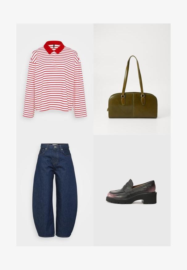 Long-sleeve polo shirt with a red collar, featuring horizontal red and white stripes and a relaxed fit. Soft cotton material.; Dark blue denim jeans with a wide, relaxed fit. Features a zip fly, four pockets, and contrasting stitching along seams.; Black leather loafers with a rounded toe, accent strap, and tonal gradient from black to dark pink at the heel. Features a chunky sole.; Olive green leather handbag with a rounded shape, dual handles, and seamless front. Features a smooth texture and subtle stitching details.; Silver hoop earring with a polished finish, featuring small gold accent details and a round shape, worn on the lobe.