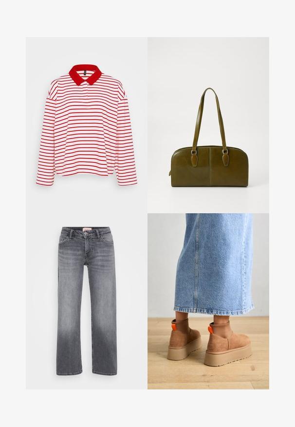 Polo cu mâneci lungi, cu guler roșu, cu dungi orizontale roșii și albe și o croială lejeră. Material moale din bumbac.; Jeans gri din denim cu un design drept, stil cu cinci buzunare, decolorare subtilă și închidere cu buton la talie.; Botine maro din suede cu platformă, cu panouri elastice pe laterale și mânere portocalii, asortate cu o fustă din denim deschis până la genunchi, pe un podea din lemn.; Geantă de mână din piele verde măslinie, cu o formă rotundă, mânere duale și față fără cusături. Are o textură netedă și detalii de cusătură subtile.; Cercel din argint cu un finisaj polișat, având detalii mici din aur și o formă rotundă, purtat pe lobul urechii.