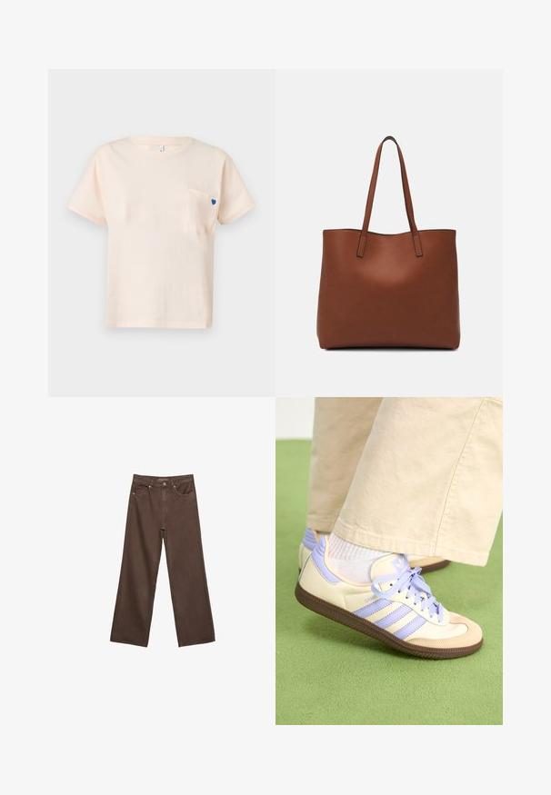 Svetloružová bavlnená tričko s krátkymi rukávmi, okrúhlym výstrihom a malým modrým srdiečkom na ľavej strane vrecka.; Džínsy s širokými nohavicami v hnedej farbe, vyrobené z denimu, so zvýšeným pásom, prednými vreckami a klasickým zapínaním na gombík. Hladká textúra s jemným prešívaním.; Krémovo-fialové tenisky so tromi pruhmi a štruktúrovanou hnedou podrážkou, s šnúrkami a polstrovaným opätkom. Mäkký textilný zvršok.; Hnedá kožená taška na rameno s hladkou textúrou, otvoreným vrchom a dvoma ramenými popruhmi. Má minimálne šitia a žiadne viditeľné kovania.