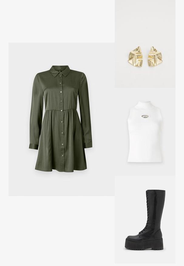 Hvit ermeløs topp med høy krage, ribbet tekstur og en metallisk logoaksynt i midten. Glatt stoff, tettsittende design.; Langermet olivengrønn skjorte-kjole med innsvingt midje og krage, lett utsvingt skjørt og mannskap med mansjetter.; Zign LEATHER - Snørestøvler - black; Even&Odd Håndveske - off-white; Gullmetalliske øredobber med bølgete design; glatt, reflekterende overflate; asymmetrisk form; ingen synlige mønstre eller hardware.