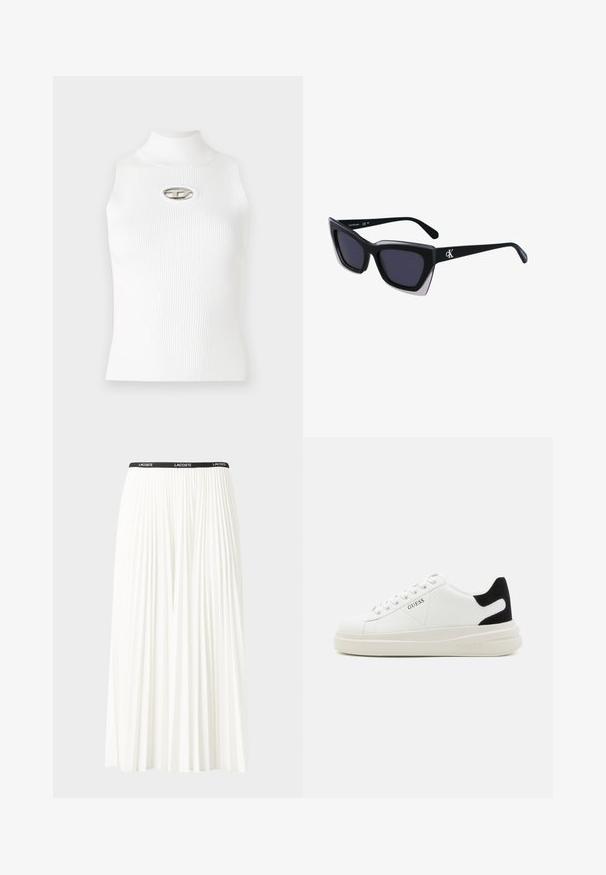Vit ärmlös topp med hög krage, ribbad textur och en metallisk logotypaccent i mitten. Slät tyg, figurnära design.; Fälld vit kjol med svart elastiskt midjeband som har "LACOSTE"-logotypen. Mittenlång design med mjuk textur.; Vita lädersneakers med en tjock vit sula, svartsuede hälaccent och präglad logotyp på sidan. Snörningsdesign med sex öglor.; Svart överdimensionerade solglasögon med geometrisk form, med mörka linser och en kontrasterande grå detalj på ramen. Logotyp på bygeln.