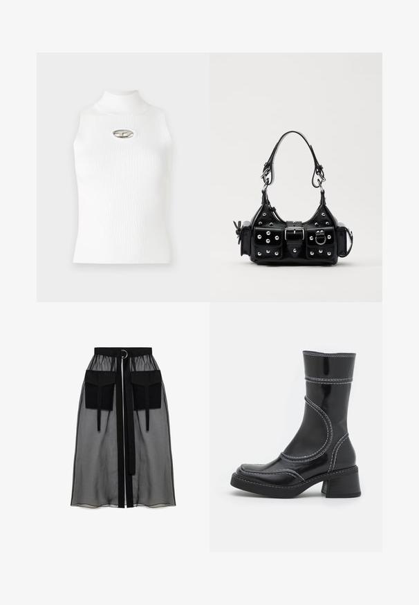 Balts bezpiedurkņu tops ar augstu apkakli, ribota tekstūra un metāla logotipa akcents centrā. Gluda auduma, pieguļošs dizains.; Melnā caurspīdīgā svārka ar salikto jostasvietu, kas ietver divas lielas priekšējās kabatas, jostas saitīti un apaļu metāla akcentu.; Melna lakota ādas anklets ar baltiem šuvumiem, noapaļota purngala un kvadrāta papēža. Iezīmes izliekti dizaina līnijas un gluda struktūra.; Melnas ādas rokturmais ar izliekumu, ar sudraba iedurtiem, sprādzi un divām sānu kabatām. Regulējams siksniņas garums dažādām nēsāšanas iespējām.