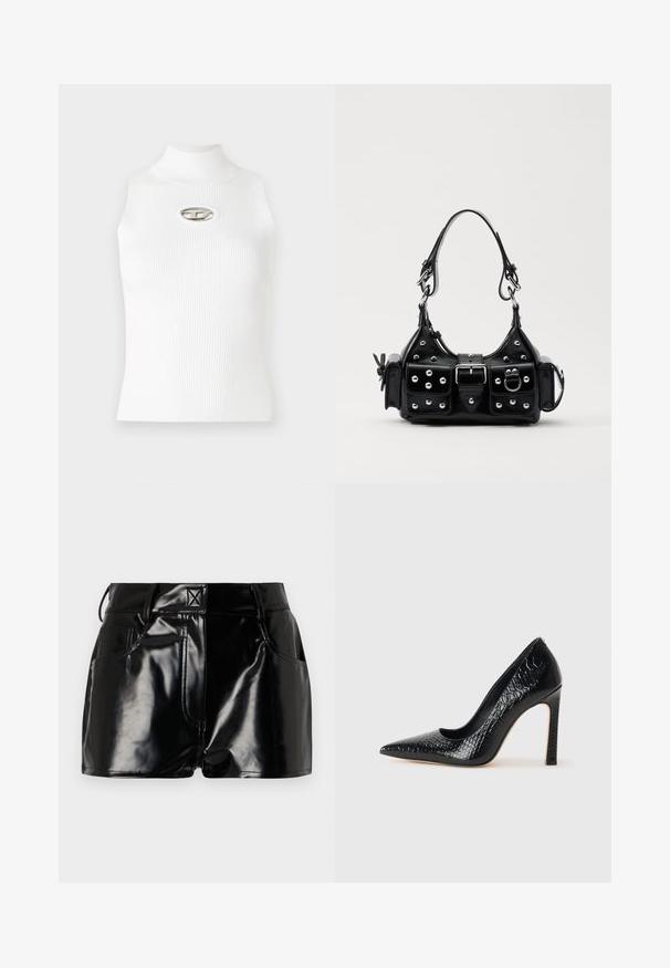 Hvid ærmeløs top med høj krave, ribbet tekstur og et metallisk logo som accent i midten. Glat stof, tætsiddende design.; Sorte, blanke shorts lavet af syntetisk materiale. Har en tætsiddende talje, bælteslaufer og forlommer med fremtrædende stikninger.; Sorte spidse tå stiletto-sko i krokodilleskind med et strømlinet design, høj hæl og glat sort inderside.; Sort læderhåndtaske med et buet design, prydet med sølvfarvede nitter, en spænde og to sidelommer. Justerbar rem til forskellige bære muligheder.