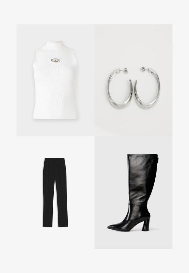 White sleeveless top with a high collar, ribbed texture, and a metallic logo accent in the center. Smooth fabric, fitted design.; Black tailored trousers with a straight-leg design, featuring front pockets and a smooth, textured fabric. Neat, minimal detailing.; Knee-high black leather boot with a pointed toe, smooth texture, and a chunky heel. Features a zipper detail at the back.; Silver hoop earrings with a smooth, curved design. Features a shiny metallic finish and stud closure. No visible patterns or accents.