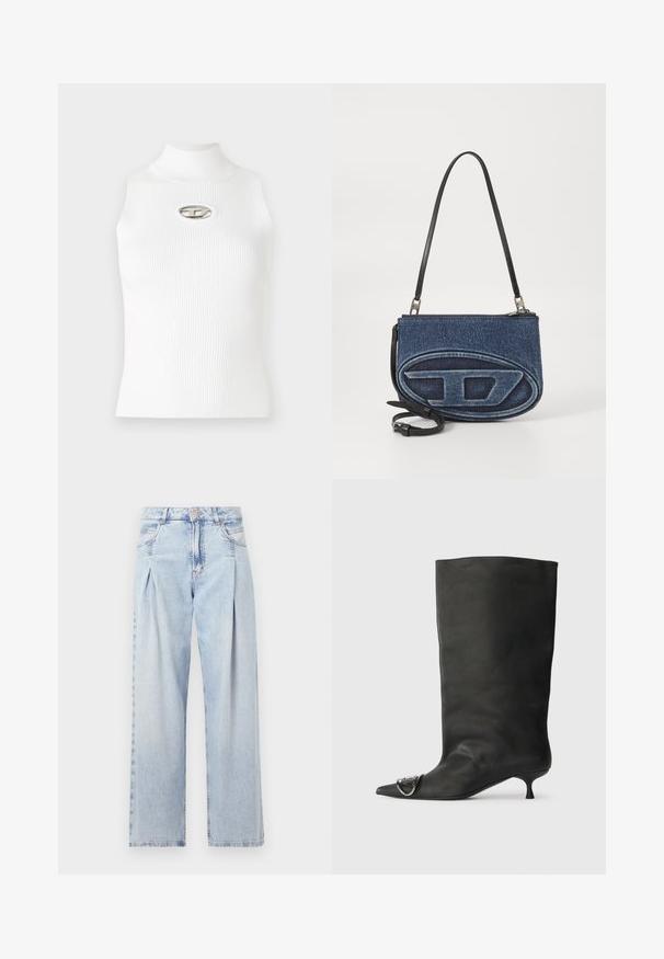 Top senza maniche bianco con colletto alto, texture a coste e un accento di logo metallico al centro. Tessuto liscio, design aderente.; Jeans in denim azzurro chiaro con vita alta, taglio a gamba larga, due tasche laterali e design plissettato. Texture morbida con una finitura sbiadita.; Stivaletto in pelle nera con punta affilata, tacco basso e dettaglio metallico sulla punta. Texture liscia e opaca in tutta la superficie.; Borsa a tracolla in denim con tracolla in pelle nera, design oval logo sulla parte frontale e chiusura con zip superiore. Finitura testurizzata.