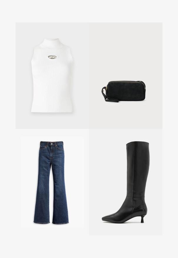 Fehér ujjatlan felső magas gallérral, bordás textúrával és középen található fémes logó akcentussal. Sima anyag, testhezálló kialakítás.; Magas derekú sötétkék farmernadrág, harang alakú lábakkal, elülső gombos és cipzáros zárással, valamint öt zsebes kialakítással.; Zign Csizmák - black; Fekete velúr kisestély tasak cipzárral és levehető csuklópánttal. Aranyszínű hardware-rel és sima, matt textúrával rendelkezik.