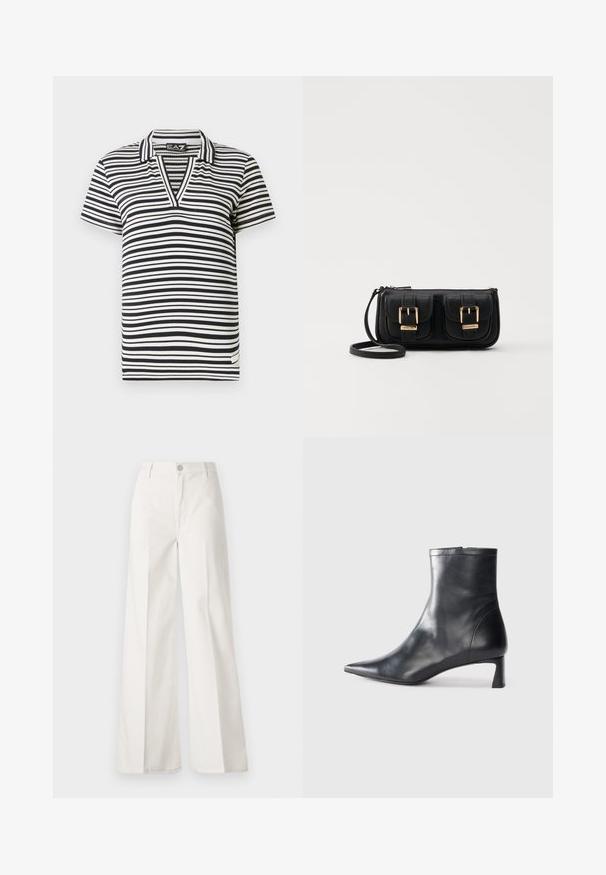 Mustvalgud must-valge triibuline lühikeste varrukatega polo särk V-kaelusega, soonikkoes ja brändimärgiga külje ääres.; Valged laiade jalgadega püksid, mis on valmistatud siledast puuvillast. Omab esitallist ning lukuga sulgemist ja nelja tasku disaini.; Mustad mustall nahkasaabas terava nina ja stiilse disainiga. Omab madalat konts ja luku sulgemist taga. Sile tekstuur.; Must küllastamata nahast õlakott, millel on kaks esist nähtavat taskut, kuldsed pandlad, tõmblukuga sulgemine ja peen rihm. Tekstuuriga pind ja kompaktne ristkülikukujuline kuju.