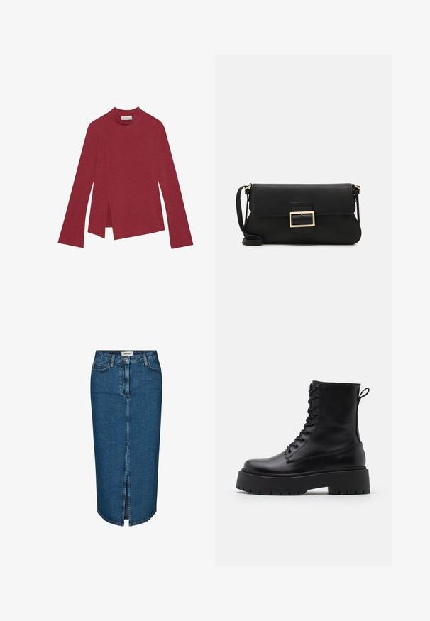 Punane soonikuga pikkade varrukatega särk kõrge kaelusega. Omab asümmeetrist hemmi külgaukudega ja sujuvat tekstuuri. Silt on nähtav seest.; Tumedast denimist seelik, millel on ees lõhik, viis taskut ja kontrastne õmblus. Keskmise kõrgusega talje klassikalise disainiga.; Mustad mustad nahast pahkluu saapad ümarate varvastega, nööridega esiosas ja paksu kummist talla ning tekstuuritud mustriga. Tagumine tõmbeaas.; Must haben musta nahkklahviga kott, millel on klapp ja kuldne metallist pandla detail. Kaasas must rihm ja stiilne, minimalistlik disain.