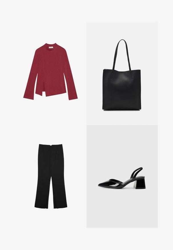 Punainen ribbikuvioinen pitkähihaista paita korkealla kaula-aukolla. Siinä on epäsymmetrinen helma, sivuhaalareilla ja sileä pinta. Leima näkyy sisäpuolella.; Mustat housut suoralinjaisella leikkauksella, joissa on etutaskut ja sivurei'ät helman alla. Valmistettu pehmeästä ja sileästä kankaasta. Sopii eri tilaisuuksiin.; Mustat patentoitu nahkakengät, joissa on säären takaosa ja terävä kärki, sekä geometrinen palikkakorko. Sisältää tyylikkään, minimalistisen muotoilun ja sileän pinnan.; Mustapahkainen kangaskassi, jossa on sileä pinta, suorakaiteen muotoinen ja kaksi pitkää kahvaa. Ei näkyvää metalliosaa tai koristeita.
