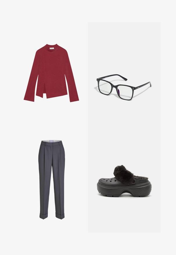 Red ribbed long-sleeve top with a high neckline. Features an asymmetric hem with side slits and a smooth texture. Label visible inside.; Dark gray tailored trousers with a straight-leg design, pleated front, and turn-up cuffs. Made from smooth fabric, featuring a classic waistband.; Black clogs with a soft, fuzzy upper band, featuring perforations on the front and a textured heel for grip. Lightweight and slip-on design.; Black rectangular glasses with clear lenses, featuring gold accents on the frame and a slight purple tint on one lens.; Burgundy leather handbag with gold clasp, structured shape, top handle, and adjustable shoulder strap. Model wears a denim jacket.